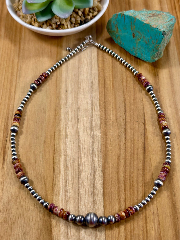 Purple Spiny Oyster and Silver Pearl Bead Necklace