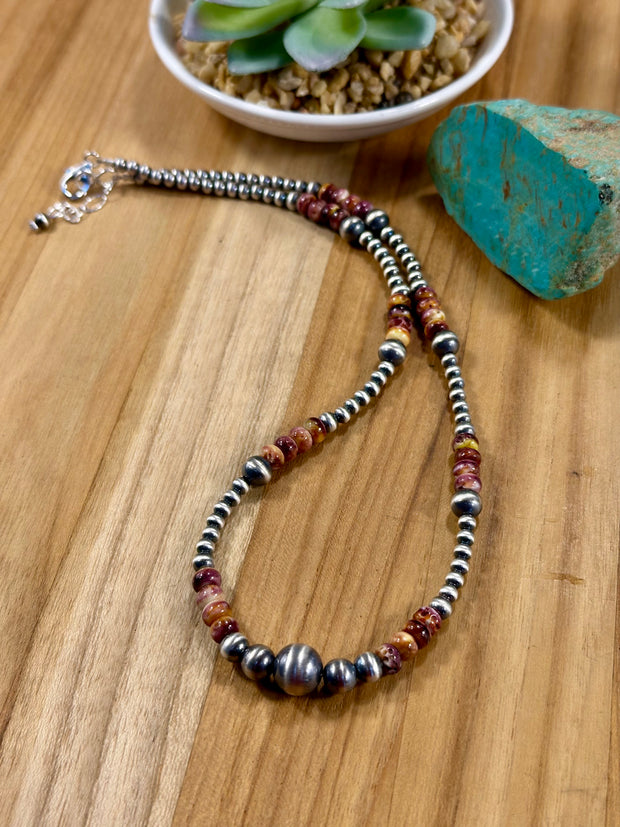 Purple Spiny Oyster and Silver Pearl Bead Necklace
