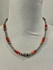 Red Spiny Oyster and Silver Pearl Bead Necklace