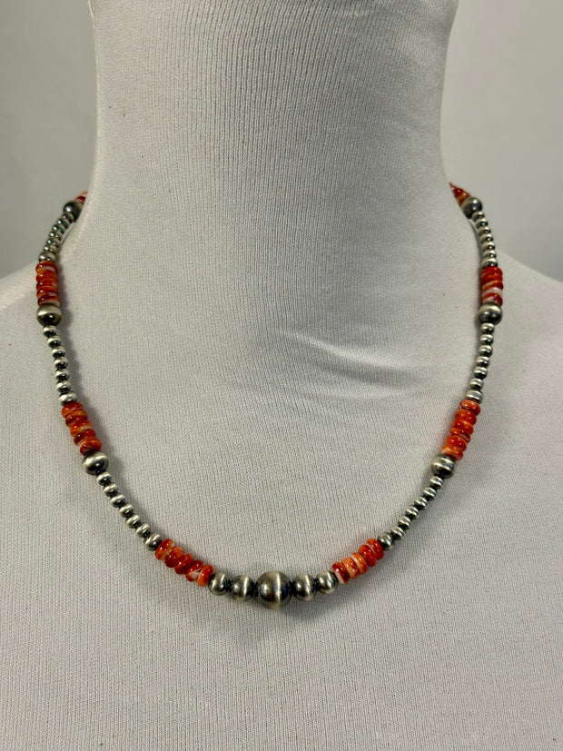 Red Spiny Oyster and Silver Pearl Bead Necklace