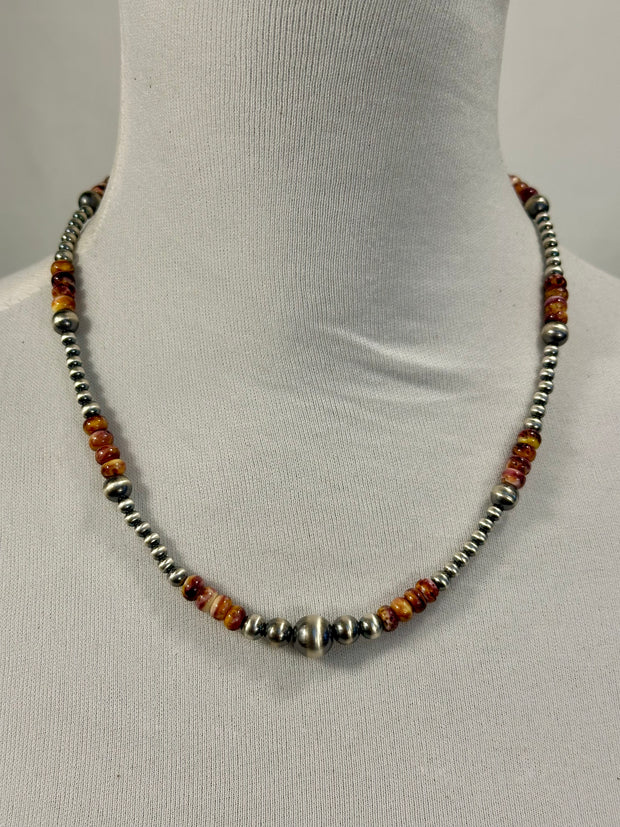 Purple Spiny Oyster and Silver Pearl Bead Necklace