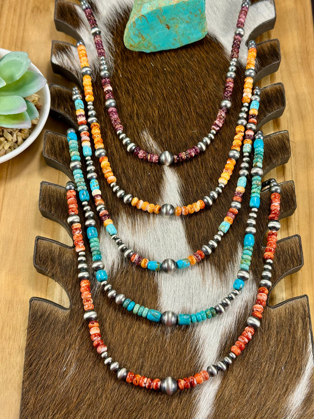 Red Spiny Oyster & Silver Pearl Bead Necklace