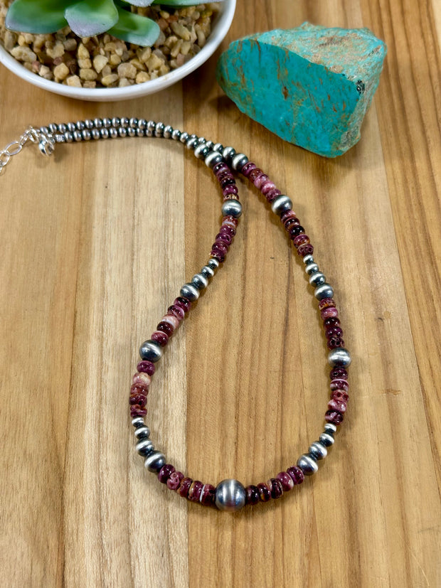 Purple Spiny Oyster & Silver Pearl Bead Necklace