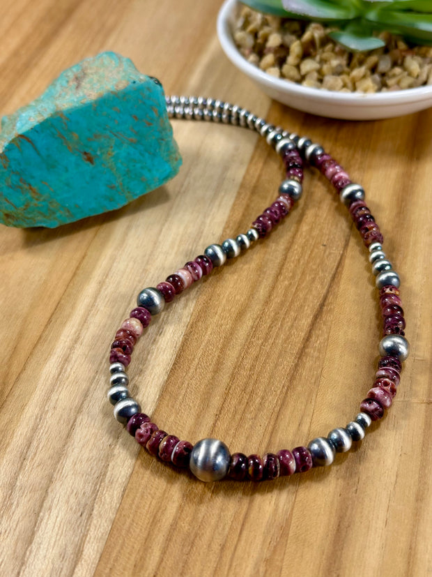 Purple Spiny Oyster & Silver Pearl Bead Necklace