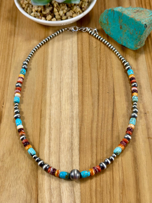 Multi-Color Bead & Sterling Pearl Necklace