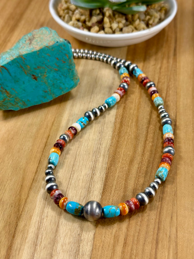 Multi-Color Bead & Sterling Pearl Necklace