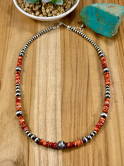 Red Spiny Oyster & Silver Pearl Bead Necklace