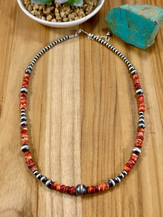 Red Spiny Oyster & Silver Pearl Bead Necklace