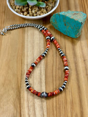 Red Spiny Oyster & Silver Pearl Bead Necklace