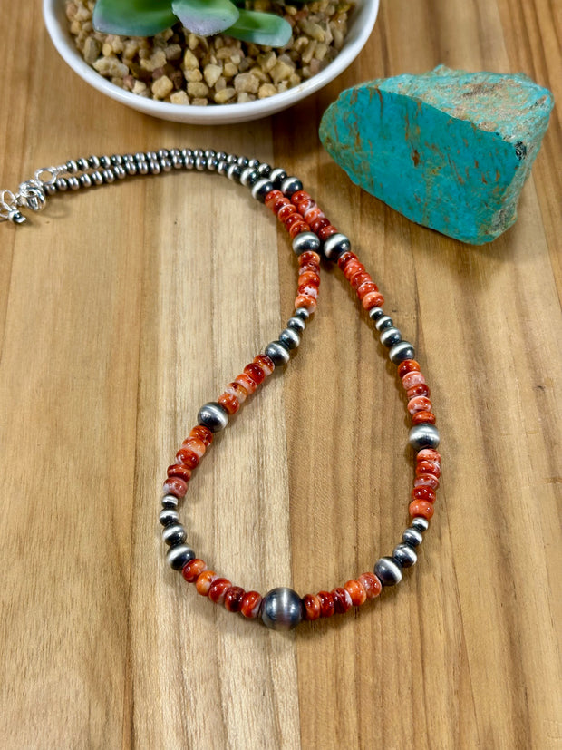 Red Spiny Oyster & Silver Pearl Bead Necklace