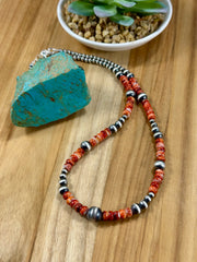 Red Spiny Oyster & Silver Pearl Bead Necklace