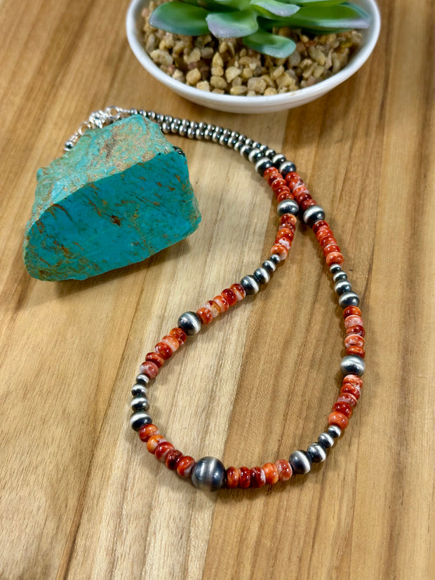 Red Spiny Oyster & Silver Pearl Bead Necklace