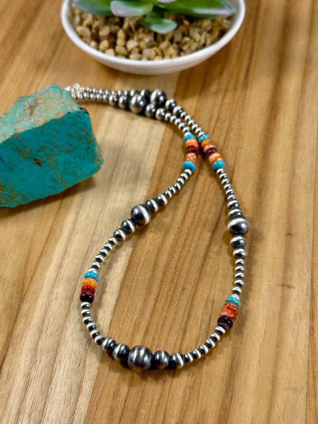 Multi-Color Bead & Sterling Pearl Necklace