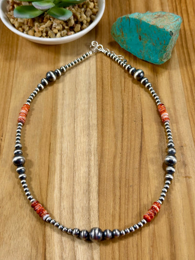 Red Spiny Oyster & Silver Pearl Bead Necklace