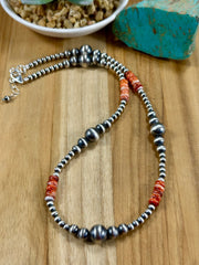 Red Spiny Oyster & Silver Pearl Bead Necklace