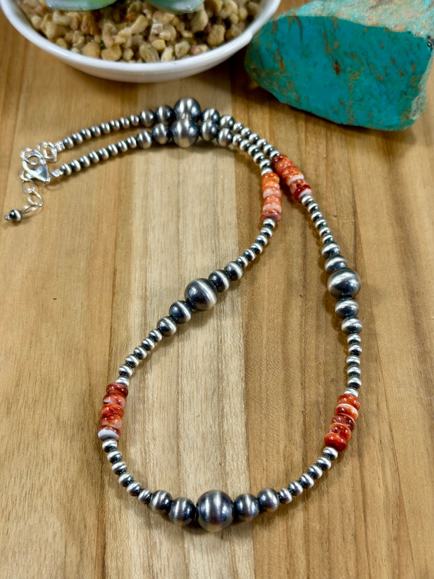 Red Spiny Oyster & Silver Pearl Bead Necklace