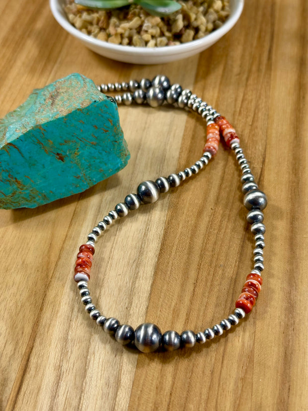 Red Spiny Oyster & Silver Pearl Bead Necklace