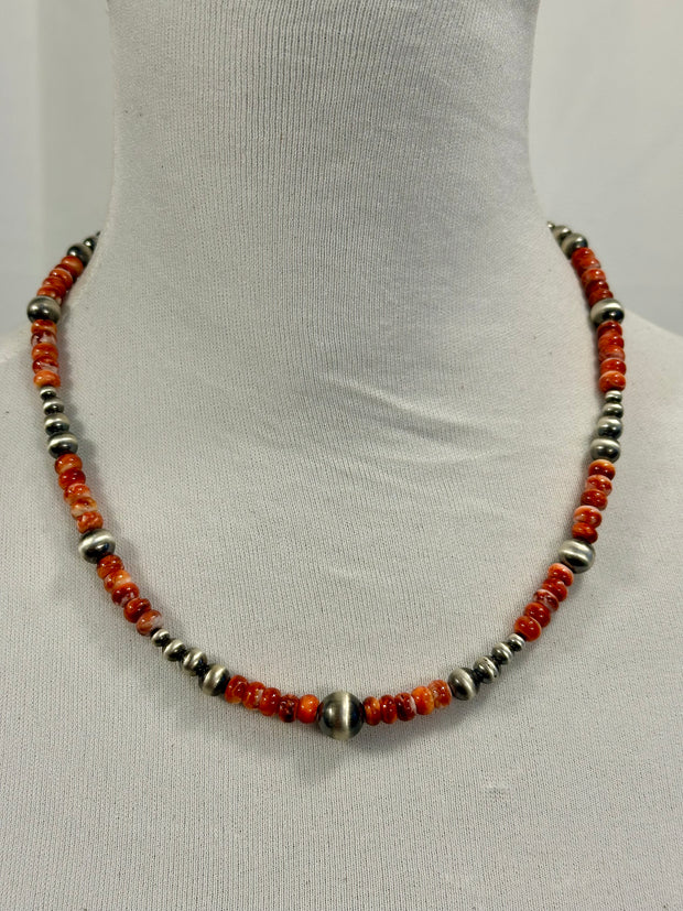 Red Spiny Oyster & Silver Pearl Bead Necklace