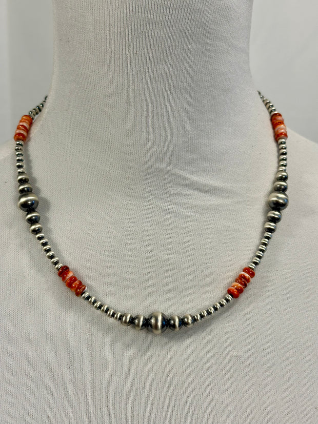 Red Spiny Oyster & Silver Pearl Bead Necklace