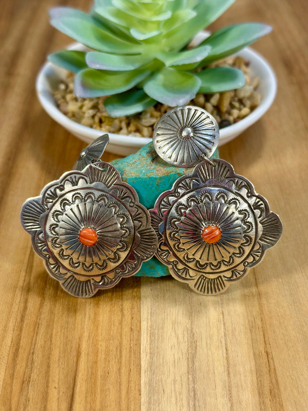 Sterling & Red Spiny Oyster Dangle Earrings