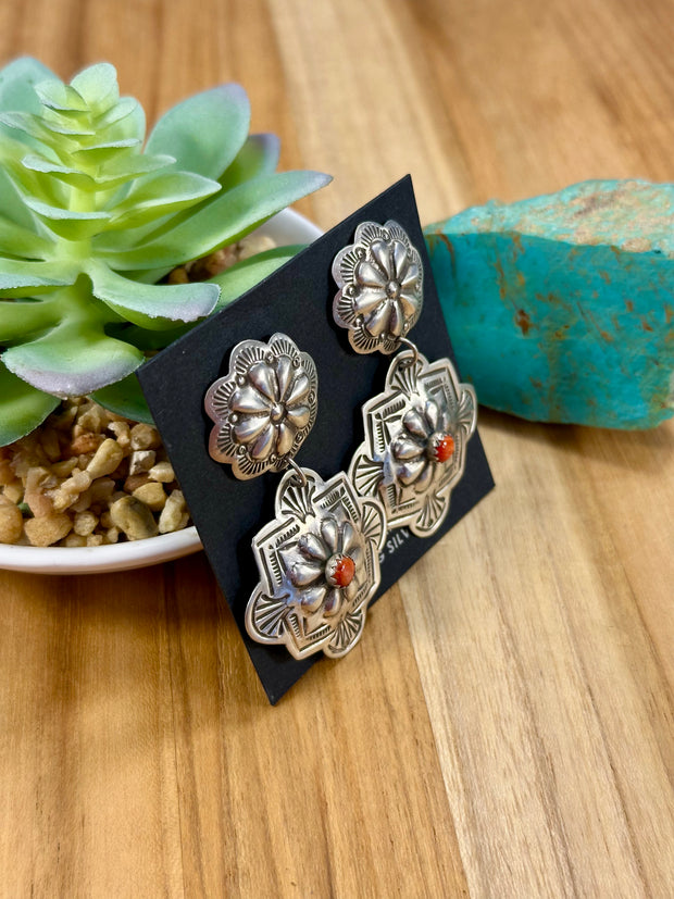 Sterling Silver & Red Spiny Oyster Dangle Earrings