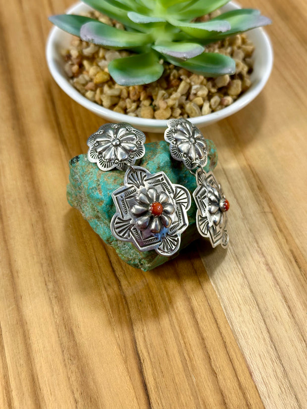 Sterling Silver & Red Spiny Oyster Dangle Earrings