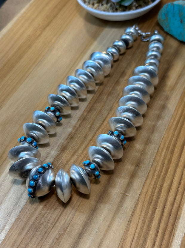 Handmade Sterling Silver Navajo Pearl Kingman Turquoise Necklace
