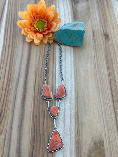 Orange Spiny 4 Stone Necklace and Earrings