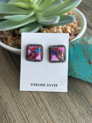 Pink Dahlia Square Earrings