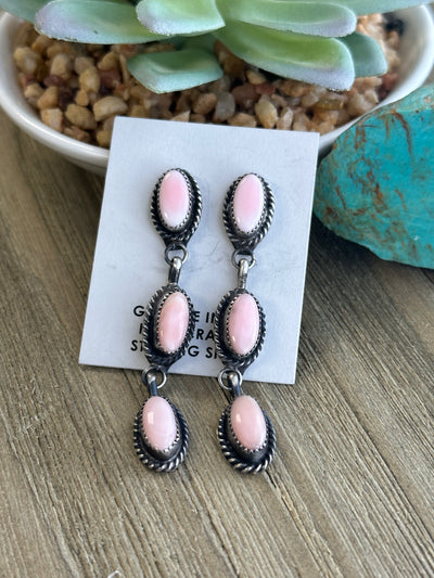 3 Stone Pink Conch Earrings