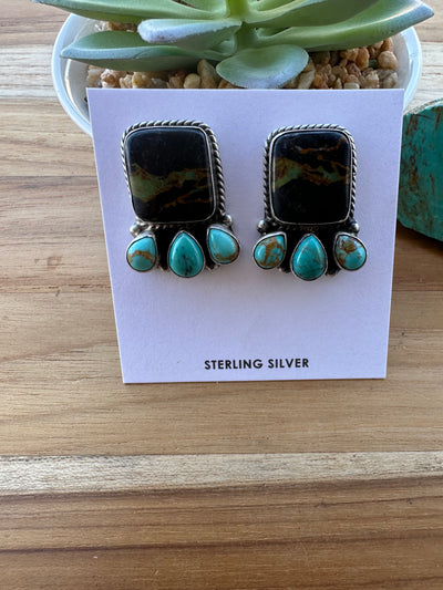 4 Stone Black Jack & Turquoise Stud Earrings