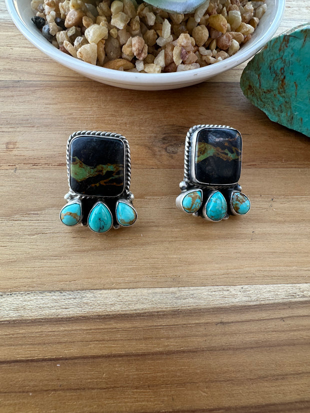 4 Stone Black Jack & Turquoise Stud Earrings