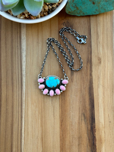 Kingman & Pink Conch Half Cluster Necklace