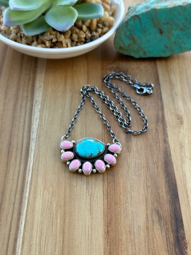 Kingman & Pink Conch Half Cluster Necklace