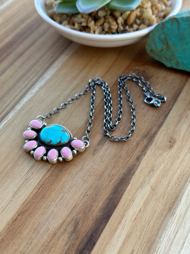 Kingman & Pink Conch Half Cluster Necklace
