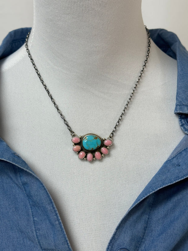 Kingman & Pink Conch Half Cluster Necklace