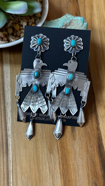 Kingman Turquoise Thunderbird Dangle Earrings