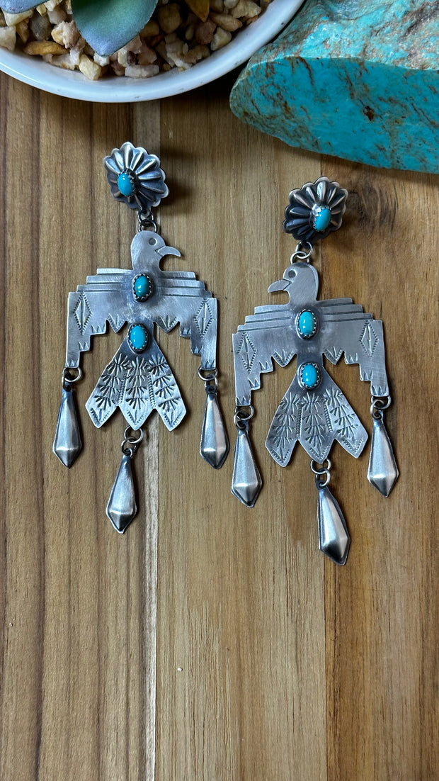 Kingman Turquoise Thunderbird Dangle Earrings