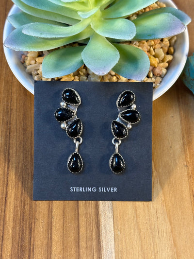 Black Onyx Feather Teardrop Earrings