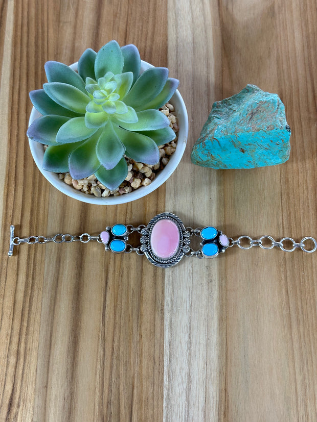 Pink Conch and Kingman Link Bracelet
