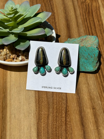 4 Stone Black Jack & Turquoise Stud Earrings