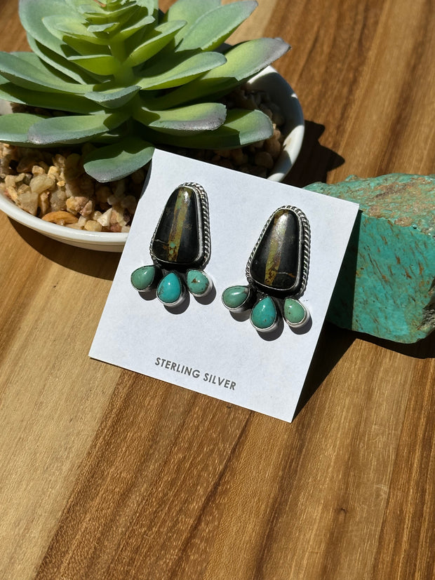 4 Stone Black Jack & Turquoise Stud Earrings