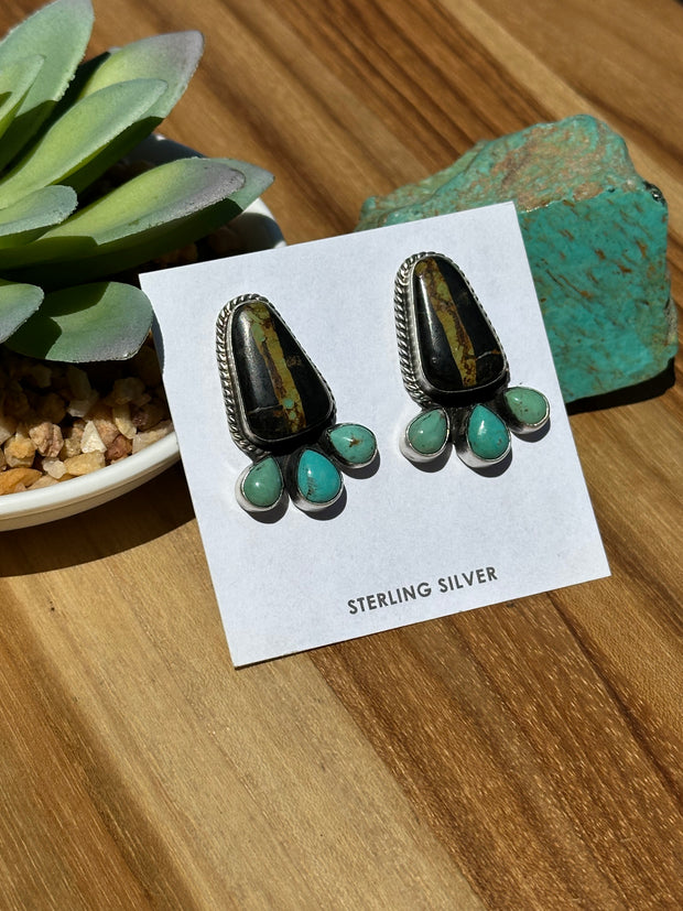 4 Stone Black Jack & Turquoise Stud Earrings