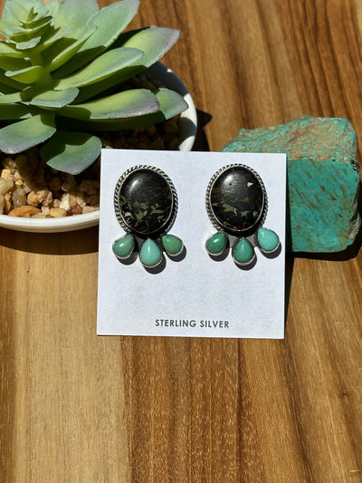 4 Stone Black Jack & Turquoise Stud Earrings