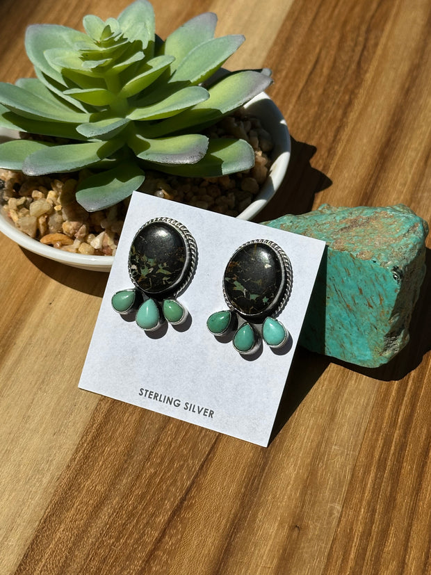 4 Stone Black Jack & Turquoise Stud Earrings