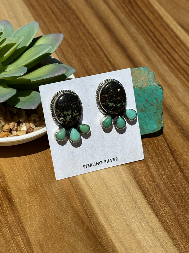 4 Stone Black Jack & Turquoise Stud Earrings