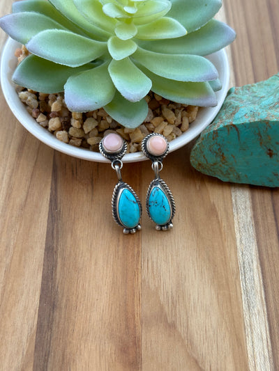 Kingman & pink conch Two Stone Earrings