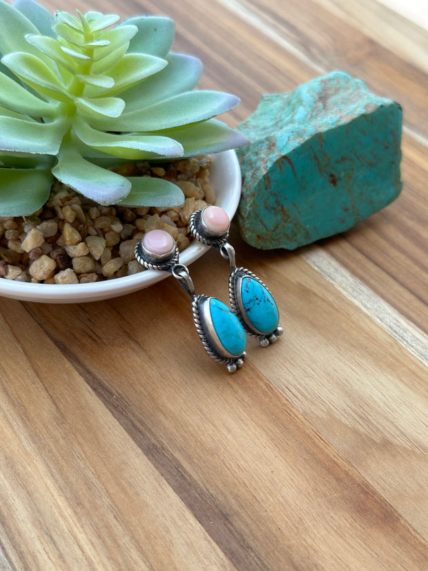 Kingman & pink conch Two Stone Earrings