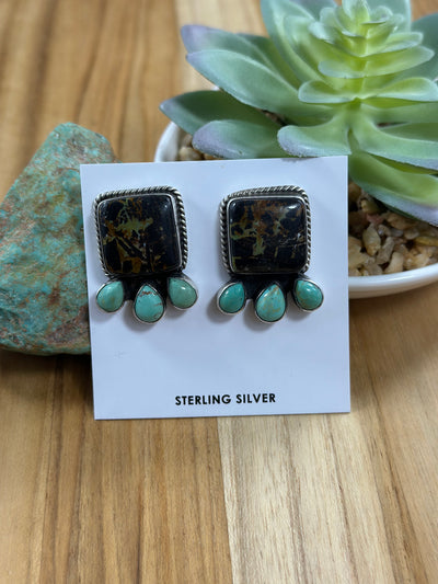 4 Stone BlackJack & Turquoise Stud Earrings