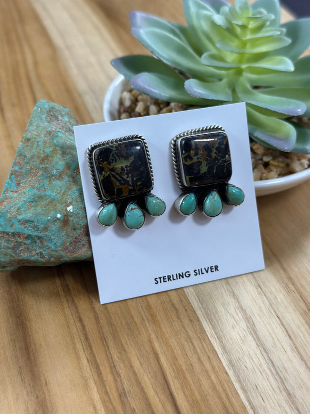 4 Stone BlackJack & Turquoise Stud Earrings